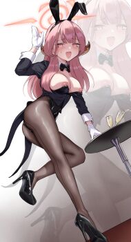 1girl absurdres alternate_costume animal_ear_hairband animal_ears arm_support aru_(blue_archive) bare_shoulders black_bow black_bowtie black_footwear black_leotard blue_archive blush bow bowtie breasts breasts_out brown_pantyhose cup demon_horns drinking_glass fake_animal_ears full_body gloves hairband halo hand_up high_heels highres horns large_breasts leotard long_hair long_sleeves looking_at_viewer nipples open_mouth pantyhose pink_hair playboy_bunny rabbit_ear_hairband rabbit_ears simple_background smile solo standing standing_on_one_leg strapless strapless_leotard undersized_breast_cup undersized_clothes white_gloves wrist_cuffs yellow_eyes yyfuu