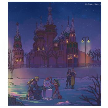 Rule 34 | 1girl, 3boys, arm around shoulder, armor, black jacket, black pants, blonde hair, blue armor, blue cape, blue scarf, boots, border, breasts, building snowman, cape, castle, changbim13, commentary, crossed arms, dress, edgar roni figaro, english commentary, final fantasy, final fantasy vi, green hair, grey boots, hair ribbon, hat, headscarf, highres, jacket, kneeling, locke cole, long hair, medium breasts, multi-tied hair, multiple boys, outdoors, panties, pants, pink cape, ponytail, red boots, red dress, ribbon, sabin rene figaro, santa hat, sash, scarf, shoulder armor, snow, snowman, tina branford, twitter username, underwear, waist sash, white border, winter, yellow panties