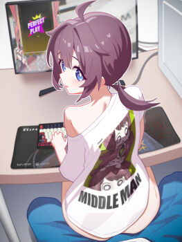 1girl blue_eyes bottomless computer from_behind original pov s9uirrel shirt single_bare_shoulder sitting sitting_on_lap sitting_on_person solo white_shirt