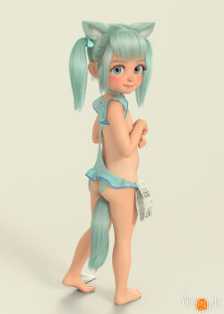 1girl 3d animal_ears bikini bikini_top_only blue_eyes choker condom condom_packet_strip condom_wrapper highres loli looking_at_viewer nipples paw_pose pixlopix smile solo standing swimsuit tail twintails