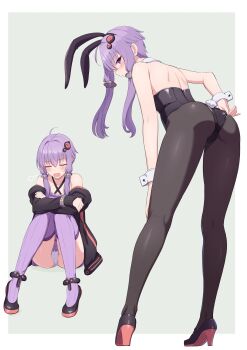 Rule 34 | 1girl, absurdres, adjusting clothes, adjusting leotard, ahoge, animal ears, ass, back, bare shoulders, black leotard, blush, closed eyes, commentary request, dress, fake animal ears, full body, high heels, highres, leaning forward, leotard, looking at viewer, looking back, multiple views, open mouth, panties, pantyhose, pantyshot, playboy bunny, purple dress, purple eyes, purple hair, purple thighhighs, rabbit ears, rabbit tail, ruttse, short hair with long locks, sideways glance, sitting, tail, thighhighs, underwear, vocaloid, voiceroid, yuzuki yukari