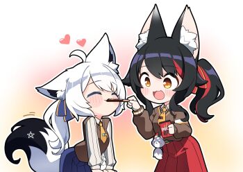 2girls :3 animal_ear_fluff animal_ears black_hair blue_skirt brown_sweater brown_vest closed_eyes feeding food fox_ears fox_girl fox_tail heart hololive jb_jagbung light_blush multicolored_hair multiple_girls neckerchief ookami_mio ookami_mio_(10th_costume) open_mouth pleated_skirt pocky ponytail red_skirt red_streaks shirakami_fubuki shirakami_fubuki_(11th_costume) skirt smile streaked_hair sweater tail vest virtual_youtuber wolf_ears wolf_girl yellow_eyes yellow_neckerchief