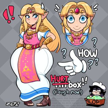 Rule 34 | !, !!, 1girl, black hair, blonde hair, blue eyes, chibi, chibi inset, circlet, english text, gem, glasses, highres, long hair, looking at viewer, nintendo, pointy ears, princess zelda, red gem, standing, sweatdrop, the legend of zelda, wide hips, zepiereite