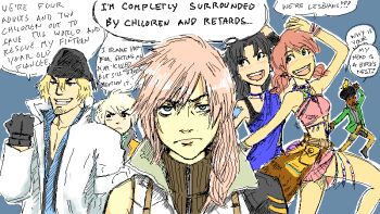 10s 3boys 3girls afro awesome_face english_text eye_twitch final_fantasy final_fantasy_xiii hope_estheim lightning_farron multiple_boys multiple_girls oekaki oerba_dia_vanille oerba_yun_fang sazh_katzroy snow_villiers truth yuri