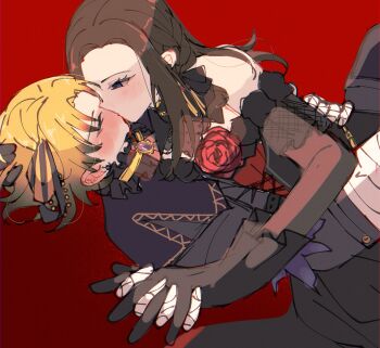 2girls bang_dream! bare_shoulders black_dress black_eyes black_gloves black_ribbon blonde_hair blush brown_hair commentary dress ear_blush elbow_gloves flower gloves gradient_background hair_ribbon hand_on_another&#039;s_waist hashtag-only_commentary highres kiss long_hair multiple_girls red_background red_flower red_rose ribbon rose sato_masuki short_hair wakana_rei yancy_shirosagi yuri