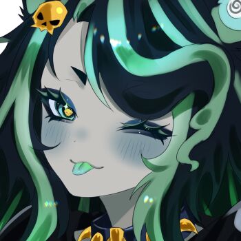 Rule 34 | 1girl, :3, blush, closed mouth, colored skin, commentary, commission, english commentary, green eyes, green hair, green skin, hair ornament, highres, icy artzy, indie virtual youtuber, long hair, looking at viewer, multicolored hair, necromata (vtuber), one eye closed, parted bangs, portrait, second-party source, skull-shaped pupils, skull hair ornament, smile, solo, streaked hair, symbol-shaped pupils, tongue, tongue out, virtual youtuber, yellow pupils