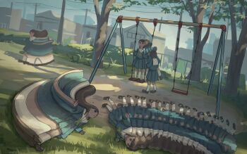 6+girls black_footwear black_hair blue_skirt building clone day expressionless grass green_neckwear loafers low_twin_braids multiple_girls original outdoors playground pleated_skirt power_lines sailor_collar school_uniform serafuku shoes skirt socks swing_set tensen_(dotted_line) tree twin_braids what white_sailor_collar