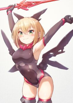 Rule 34 | 1girl, 30 minutes sisters, armored leotard, armpits, arms up, black gloves, black leotard, blush, breasts, commentary request, covered navel, elbow gloves, gloves, gluteal fold, highres, holding, holding sword, holding weapon, leotard, looking at viewer, medium breasts, pariya 0001, simple background, skin tight, solo, sword, thighs, tiasha (30ms), weapon