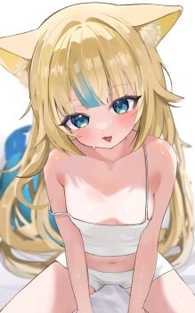 1girl animal_ear_fluff animal_ears blonde_hair blue_eyes blush breasts camisole cat_ears closed_mouth cowboy_shot crop_top from_above haro_(1026_86) highres indie_virtual_youtuber loli long_hair looking_at_viewer looking_up micro_shorts midriff multicolored_hair navel no_bra sameko_saba shorts simple_background sitting small_breasts solo spaghetti_strap spread_legs strap_slip streaked_hair tongue tongue_out virtual_youtuber white_background white_camisole white_shorts