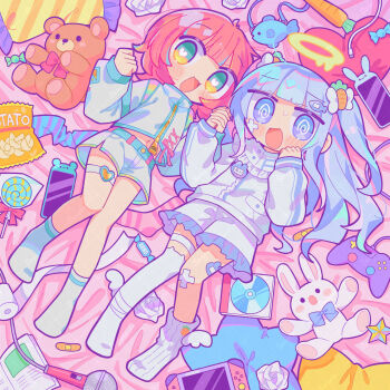 2girls :3 :d @_@ asymmetrical_legwear bag_of_chips bandaid bandaid_on_cheek bandaid_on_face bandaid_on_knee bandaid_on_leg blue_eyes blue_hair blunt_bangs blush candy carrot_hair_ornament cd cellphone commentary_request controller food food-themed_hair_ornament frilled_shorts frills full_body game_controller green_eyes hair_ornament halo heart heart-shaped_pupils highres holding_hands jacket lollipop long_hair long_sleeves looking_at_viewer melting_halo microphone multiple_girls navel one_side_up open_mouth original phone red_hair ribbed_socks richard_(richaball) short_hair shorts single_sock single_thighhigh smile socks stuffed_animal stuffed_rabbit stuffed_toy sweat swirl_lollipop symbol-shaped_pupils teddy_bear thigh_strap thighhighs uneven_legwear white_jacket white_shorts white_socks yellow_halo yume_kawaii