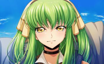 1girl artist_request bag blue_eyes blue_sky c.c. close-up code_geass code_geass:_fukkatsu_no_lelouch code_geass:_lost_stories crying game_cg highres long_hair non-web_source official_art shoulder_bag sky smile yellow_eyes