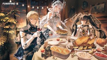 1boy 2girls absurdres apple arm_rest baking_sheet black_capelet black_hair blue_eyes bottle bowl bread brown_streaks candle candlestand capelet chair character_figure closed_mouth collared_capelet commandant_(pgr) commentary copyright_name crop_top cropped_shirt crossed_bangs cup double-parted_bangs dress drinking_glass english_commentary figure fireplace floating_headgear flower food fork frilled_cuffs fruit hair_between_eyes halterneck hand_on_own_chin hand_up hands_up headgear highres holding holding_cup holding_fork holding_tray indoors lee:_hyperreal_(pgr) lee_(pgr) lemon lemon_slice liv:_limpidity_(pgr) liv_(pgr) long_hair long_sleeves looking_at_viewer lucia:_pyroath_(pgr) lucia_(pgr) mechabare mechanical_arms multicolored_hair multiple_girls official_art orange_hair parted_lips pear picture_frame pie plant plate potato potted_plant pumpkin punishing:_gray_raven purple_eyes red_eyes rosemary_(herb) shirt short_hair sitting sleeveless sleeveless_dress smile standing streaked_hair table thanksgiving tray turkey_(food) twintails white_dress white_flower white_hair white_shirt white_wrist_cuffs window wine_bottle wine_glass wooden_chair wrist_cuffs