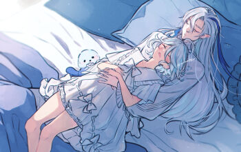 1boy 1girl ahoge alternate_costume blanket blue_hair blush closed_eyes closed_mouth collarbone furina_(genshin_impact) genshin_impact hair_between_eyes hetero indoors inui_shiro legs light_blue_hair long_hair multicolored_hair neuvillette_(genshin_impact) on_bed open_mouth pajamas pillow pointy_ears short_hair sidelocks sleeping solo streaked_hair two-tone_hair