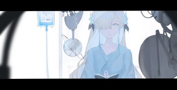 1girl bed blue_hair blurry blurry_foreground book closed_mouth collarbone commentary empty_eyes expressionless grey_hair hair_over_one_eye highres holding holding_book hospital_bed hospital_gown intravenous_drip isekaijoucho iv_stand kamitsubaki_studio kenran_000 letterboxed long_hair looking_at_viewer machine multicolored_hair one_eye_covered open_book sanpaku sidelocks solo streaked_hair turning_page upper_body virtual_youtuber white_background