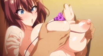 1boy 1girl akane_wa_tsumare_somerareru animal_print animated animated_gif bikini blue_eyes breasts brown_hair collarbone covered_erect_nipples grabbing_another&#039;s_breast grabbing_from_behind groping hair_between_eyes hair_ornament hairclip half-closed_eyes huge_breasts leopard_print micro_bikini nanao_akane netorare nipple_slip nipples open_mouth purple_bikini sideboob swimsuit t-rex_(animation_studio) takeda_hiromitsu underboob