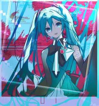 1girl :d black_bow blue_dress blue_eyes blue_hair bow collared_dress cyawa dress hair_between_eyes hatsune_miku headset highres long_hair looking_at_viewer open_mouth signature smile solo twintails upper_body very_long_hair vocaloid watermark