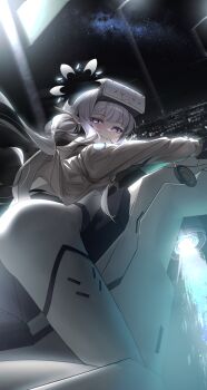 1girl absurdres battlesuit black_halo blue_archive bodysuit breasts city_lights commentary_request halo head-mounted_display head-mounted_display_lift highres himari_(armed)_(blue_archive) himari_(blue_archive) hover_bike long_hair looking_at_viewer mole mole_under_eye motor_vehicle motorcycle multicolored_halo night nyo2_ng official_alternate_costume on_motorcycle pointy_ears purple_eyes small_breasts smile solo two-tone_halo white_bodysuit white_hair white_halo