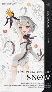 ! 1girl ahoge arm_up bandaged_leg bandages breasts bright_pupils character_name commentary company_name copyright_name copyright_notice d: dress duet_night_abyss english_commentary english_text grey_eyes grey_hair highres horns huge_ahoge musical_note official_art open_mouth pointy_ears small_breasts snow_(duet_night_abyss) solo speech_bubble tongue white_background white_dress white_pupils