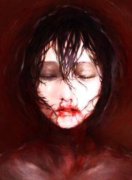 1girl absurdres black_hair blood blood_on_face chainsaw_man closed_eyes hair_between_eyes highres implied_death nosebleed pool_of_blood reze_(chainsaw_man) solo wet wet_hair xa8uofivf2mcart