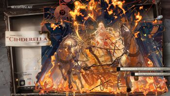 Rule 34 | 1girl, barefoot, blonde hair, carriage, character name, cinderella (silver palace), commentary, dress, english commentary, fire, highres, holding, holding sword, holding weapon, logo, long hair, official art, silver palace, solo, sword, thighs, weapon, white dress, white horse