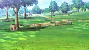 Rule 34 | basketball court, basketball hoop, bench, blurry, building, cloud, cloudy sky, dappled sunlight, day, depth of field, dirt road, fence, grass, grill, highres, iron fence, lamppost, no humans, non-web source, official art, our life: beginnings and always, park, park bench, plate, road, scenery, sky, sunlight, tree