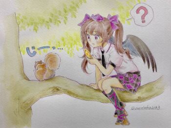 1girl ? animal black_necktie black_skirt black_socks black_wings blush branch brown_hair cellphone checkered_clothes checkered_skirt flip_phone geta hat highres himekaidou_hatate in_tree knees long_hair necktie open_mouth phone purple_eyes purple_ribbon purple_skirt q-bee_(aaru) ribbon shirt sitting sitting_in_tree skirt socks sound_effects squirrel tengu-geta tokin_hat touhou traditional_media tree twintails white_background white_shirt wings