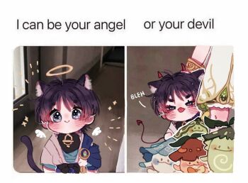 1boy 1girl :> animal_ears aranara_(genshin_impact) arms_behind_back behind_another black_bow bloomers blue_cape blue_gemstone blue_kimono blue_sleeves blunt_ends blush bow bracelet cape cat_boy cat_ears cat_tail chibi closed_mouth demon_horns demon_tail detached_wings dress english_text feathers gem genshin_impact gold gold_trim halo han'eri highres horns i_can_be_your_angle_or_yuor_devil_(meme) japanese_clothes jewelry kimono layered_kimono layered_sleeves looking_at_viewer meme mini_wings nahida_(genshin_impact) open_clothes open_kimono peeking_out pom_pom_(clothes) potxtoboyz purple_eyes purple_hair scaramouche_(genshin_impact) short_sleeves smile sound_effects split_screen tail tongue tongue_out underwear vision_(genshin_impact) wanderer_(genshin_impact) white_bloomers white_dress white_kimono white_sleeves white_wings wings yellow_feathers yellow_halo