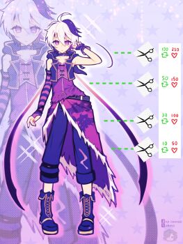 1girl ahoge androgynous anmyu arm_warmers bare_shoulders belt belt_collar blue_boots blue_pants boots collar collarbone commentary contrapposto dotted_line english_commentary facebook_username fingerless_gloves flower_(vocaloid) flower_(vocaloid4) fur-trim fur-trimmed_overskirt gloves hand_up highres lace-up_boots like_and_retweet looking_at_viewer multicolored_hair overskirt pants profile_picture purple_arm_warmers purple_eyes purple_shirt purple_streaks purple_vest shirt short_hair single_arm_warmer single_fingerless_glove sleeveless sleeveless_shirt standing star_(symbol) star_symbol_background torn_clothes twitter_cutting_game twitter_username vest vocaloid white_hair zoom_layer