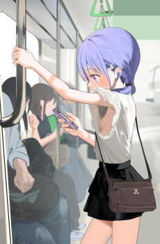 2boys 3girls absurdres areola_slip arm_up bag black_skirt breasts cellphone commentary_request from_side hair_ornament hayakawa_sena_(pei_iriya) highres holding holding_phone long_hair looking_at_phone multiple_boys multiple_girls no_bra original paid_reward_available pei_iriya petite phone purple_eyes purple_hair shirt shoulder_bag sideboob skirt smartphone solo_focus standing train_interior twintails wireless_earphones