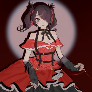 1girl ame-chan_(needy_girl_overdose) belt_collar black_arm_warmers black_nails blue_eyes collar diagonal_bangs dress drop_shadow frilled_skirt frilled_sleeves frills hair_ornament hair_ribbon highres looking_at_viewer makeup neck_ribbon needy_girl_overdose off-shoulder_dress off_shoulder okina-z one_eye_covered red_dress ribbon short_twintails skirt solo spotlight string_around_finger suspender_skirt suspenders tears twintails x_hair_ornament