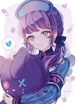 Rule 34 | 1girl, ameshi0227, asahina mafuyu, black bow, blue hat, blue shirt, border, bow, braid, broken heart, closed mouth, collared shirt, commentary request, hair bow, hair over shoulder, hat, heart, heart print, highres, holding, holding stuffed toy, long hair, long sleeves, nurse cap, official alternate costume, official alternate hairstyle, outside border, project sekai, puffy long sleeves, puffy sleeves, purple background, purple eyes, purple hair, shirt, sidelighting, simple background, smile, solo, spoken broken heart, spoken heart, striped clothes, striped shirt, stuffed animal, stuffed rabbit, stuffed toy, twintails, twitter username, upper body, vertical-striped clothes, vertical-striped shirt, white border, wonderhorror~!? na kimodameshi! (project sekai)