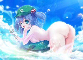 1girl ass backpack bag blue_hair blue_sky blush breasts cloud cloudy_sky completely_nude green_eyes green_hat hair_between_eyes hat highres kawashiro_nitori looking_at_viewer looking_back lying nude nude_filter on_stomach open_mouth pussy second-party_source sky solo source_request sparkle third-party_edit touhou touhou_danmaku_kagura two_side_up water_drop wet wrench yamu_(reverse_noise)