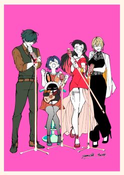 03_kyv 1boy 3girls alternate_costume astra_yao bangboo_(zenless_zone_zero) belle_(zenless_zone_zero) blush clenched_hands closed_eyes commentary_request dress earrings eous_(zenless_zone_zero) evelyn_chevalier hair_between_eyes high_heels highres holding holding_instrument holding_microphone_stand instrument jewelry lighter_(zenless_zone_zero) long_hair microphone microphone_stand multicolored_hair multiple_girls pants pantyhose shirt short_hair signature simple_background sitting standing stool sunglasses sweat teeth thigh_strap upper_teeth_only vest zenless_zone_zero