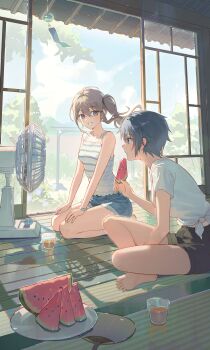 2girls absurdres bare_shoulders barefoot bead_bracelet beads between_legs black_hair black_shorts blue_shorts bracelet brown_hair buguma closed_mouth clothesline cloud commentary cup cutoffs day denim denim_shorts drink drinking_glass electric_fan flower food fruit grey_eyes hair_between_eyes hair_tie hand_between_legs hand_fan hand_up hands_on_lap highres holding holding_food holding_fruit indian_style indoors jewelry leaf long_hair looking_at_another midriff_peek multiple_girls open_mouth original paper_fan plate purple_flower seiza shirt short_hair short_sleeves shorts shouji side_ponytail sitting sliding_doors smile striped_tank_top summer t-shirt tank_top tied_shirt uchiwa watermelon watermelon_slice white_shirt white_tank_top wind_chime wooden_floor