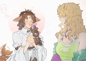 2girls bare_shoulders blonde_hair blonney brown_hair centauroid closed_eyes deer_girl deer_tail facing_another food food_in_mouth green_sports_bra highres interlocked_fingers jacket jessica_(reverse:1999) long_hair multiple_girls mummeemeemama own_hands_together pocky pocky_in_mouth profile purple_jacket reverse:1999 shirt sports_bra tail tail_wagging taur turning_head upper_body white_shirt yuri