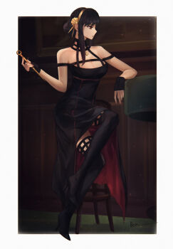 1girl black_choker black_dress black_hair black_thighhighs bom-r border breasts choker cleavage commentary dress full_body high_heels highres holding indoors light_particles signature solo spy_x_family stool thighhighs white_border yor_briar