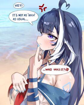 1girl ahoge animal_ears blue_hair blue_nails blue_sailor_collar body_markings breasts cat_ears commentary english_commentary facial_mark gurumie heart heart_ahoge highres indie_virtual_youtuber large_breasts long_hair nail_polish outdoors purple_eyes sailor_collar sand shirt shylily shylily_(1st_costume) sidelocks solo very_long_hair virtual_youtuber water white_shirt white_streaks