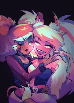 2girls breasts colored_sclera colored_skin dark-skinned_female dark_skin demon_girl demon_horns demon_tail frenchpa1n hazbin_hotel hellaverse helluva_boss highres horns large_breasts long_hair looking_at_viewer multiple_girls pink_background pink_skin solo tail twintails velvette_(hazbin_hotel) verosika_mayday yellow_sclera yuri