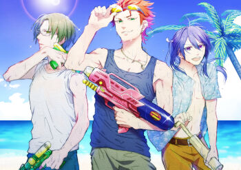 3boys :d absurdres adjusting_eyewear akatsuki_(ensemble_stars!) arm_up armpit_peek beach belt biceps bishounen black_tank_top blue_sky brown_belt brown_pants cloud collarbone collared_shirt cowboy_shot dripping ensemble_stars! floating_hair glasses goggles goggles_on_head green_eyes green_hair grey-framed_eyewear grin hair_between_eyes hasumi_keito hawaiian_shirt highres holding holding_water_gun kanzaki_souma kiryu_kuro lens_flare long_hair motoyui multiple_boys muscular muscular_male navel ocean open_clothes open_mouth open_shirt palm_tree pants parted_bangs pectoral_cleavage pectorals pump purple_eyes purple_hair red_hair shirt sidelocks sky sleeveless sleeves_rolled_up smile sparkle spiked_hair stomach sun tank_top teeth tree tsubana-jorushi upper_teeth_only v-shaped_eyebrows water_gun wet wet_clothes white_shirt wiping_sweat