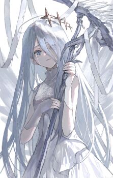 1girl 25-ji_nightcord_de._(project_sekai) absurdres crying crying_with_eyes_open dress hair_over_one_eye highres holding holding_staff kumagai_yuka long_hair looking_at_viewer project_sekai solo staff tears very_long_hair white_dress white_hair yoisaki_kanade