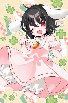 1girl ;d ahoge animal_ears black_hair bloomers blush carrot_necklace clover commentary_request dress floating floppy_ears four-leaf_clover hair_between_eyes highres inaba_tewi jewelry katsuragi_atori looking_at_viewer necklace one_eye_closed open_mouth paw_pose pink_dress puffy_short_sleeves puffy_sleeves rabbit_ears rabbit_girl rabbit_tail red_eyes ribbon-trimmed_dress ribbon_trim short_hair short_sleeves smile solo star_(symbol) tail touhou twitter_username underwear white_bloomers yellow_background