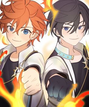 2boys akehoshi_subaru bbahot black_gloves black_hair blue_eyes clenched_hand closed_mouth commentary_request ensemble_stars! fire gloves hair_between_eyes hidaka_hokuto highres jacket korean_commentary long_sleeves male_focus multiple_boys official_alternate_costume open_clothes open_jacket orange_hair outstretched_arm short_hair smile upper_body