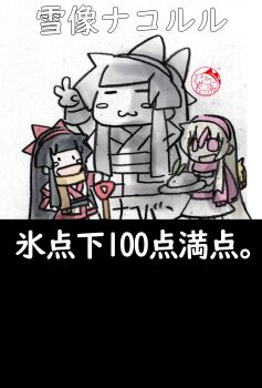 Rule 34 | 2girls, ainu clothes, artist name, black eyes, black hair, blonde hair, breasts, camisole, chibi, dot eyes, fingerless gloves, food, gloves, hair ribbon, hand on own hip, highres, japanese text, legs, long hair, multiple girls, nakoruru, nomeno mizuha, open mouth, original, pink eyes, ribbon, samurai spirits, scarf, small breasts, smile, snk, statue, the king of fighters, thighs, tongue, traditional media, translation request, v