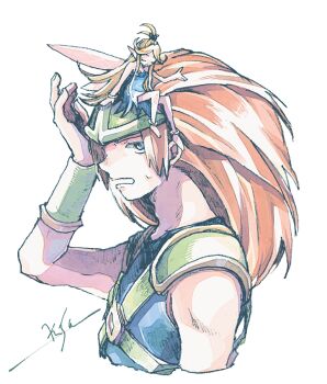 Rule 34 | 1boy, 1girl, anklet, armor, artist name, barefoot, blonde hair, blue dress, blue shirt, chest strap, closed eyes, dress, duran (seiken densetsu 3), faerie (seiken densetsu 3), fairy, fairy wings, frown, furrowed brow, green helmet, hair slicked back, helmet, high ponytail, jewelry, michibata 65, orange hair, parted bangs, pointy ears, ponytail, seiken densetsu, seiken densetsu 3, shirt, shoulder armor, sidelocks, sitting, sitting on head, sitting on person, sweatdrop, white background, wings
