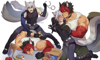 2boys absurdres anger_vein animal_ear_fluff animal_ears arm_behind_back bag bandaged_arm bandages bare_shoulders behind_another black_gloves black_hair blue_pants blush cat_boy cat_ears cat_tail collar collarbone commentary crossed_bangs cuffs dog_boy dog_ears dog_tail egg english_commentary eye_contact fartingdoggi fingerless_gloves food gloves green_pants hair_between_eyes handcuffs highres holding holding_handcuffs komano_manato leg_between_thighs leg_up legs_apart looking_at_another lying male_focus multicolored_hair multiple_boys multiple_scars muscular muscular_male on_ground on_stomach open_mouth pants paper_bag parted_lips pectorals purple_eyes red_bandage red_eyes red_hair restrained scar scar_across_eye scar_on_chest scar_on_face seth_lowell short_hair simple_background sweat tail tank_top tomato twitter_username white_background white_hair white_tank_top yaoi zenless_zone_zero