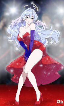 1girl absurdres bare_shoulders blue_gloves blue_hair blush breasts cleavage dress elbow_gloves full_body gloves green_eyes halo head_wings high_heels highres honkai:_star_rail honkai_(series) large_breasts long_hair looking_at_viewer r3dfive red_dress robin_(honkai:_star_rail) smile solo wings