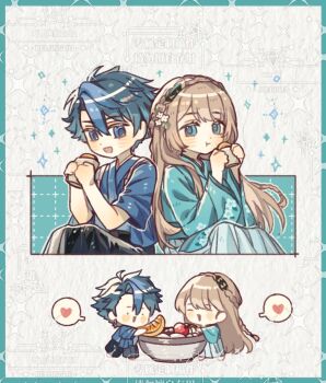 1boy 1girl age_regression aged_down apple back-to-back black_hair blue_eyes blue_hair braid brown_hair chibi commission crystal691827 eating eiyuu_densetsu elaine_auclair english_text food fruit green_eyes hakama heart highres holding holding_food japanese_clothes kuro_no_kiseki_(series) long_hair looking_at_viewer multicolored_hair short_hair single_braid sitting smile speech_bubble two-tone_hair two_side_up van_arkride watermark