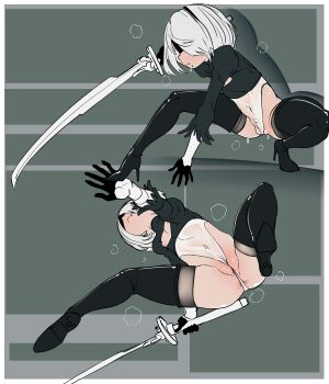1girl 2b_(nier:automata) aged_down anus anus_peek black_boots black_gloves black_leotard blindfold boots cameltoe cleavage_cutout closed_mouth clothing_cutout covered_navel elbow_gloves female_focus flat_chest from_below from_side full_body gloves grey_background high_heel_boots high_heels highleg highleg_leotard holding holding_sword holding_weapon katana leaning_forward leotard loli medium_hair mole mole_under_mouth multicolored_leotard multiple_views nier:automata nier_(series) nipples pafiiroru simple_background squatting sword thigh_boots two-tone_gloves two-tone_leotard weapon wet wet_clothes white_gloves white_hair white_leotard