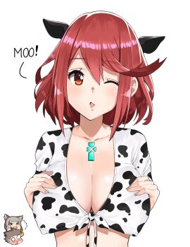 1girl animal_ears animal_print bell blush breasts chibi chibi_inset cleavage collarbone covered_erect_nipples cow_ears cow_print cowbell english_text female_focus highres j@ck jewelry large_breasts looking_at_viewer neck_bell nia_(xenoblade) no_bra one_eye_closed print_shirt pyra_(xenoblade) red_eyes red_hair rex_(xenoblade) shirt short_hair simple_background smile solo solo_focus tiara white_background wink xenoblade_chronicles_(series) xenoblade_chronicles_2