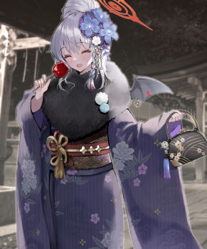 Rule 34 | 1girl, absurdres, black sash, blue archive, blush, braid, candy apple, closed eyes, commentary request, demon wings, floral print, floral print kimono, flower, food, fur-trimmed kimono, fur trim, furisode, hair between eyes, hair bun, hair flower, hair ornament, halo, haruna (blue archive), haruna (new year) (blue archive), highres, holding, holding candy apple, holding food, japanese clothes, kimono, obi, official alternate costume, official alternate hairstyle, open mouth, print kimono, purple flower, purple kimono, red halo, saibashi (develop komono), sash, shrine, single braid, single wing, solo, wide sleeves, wings